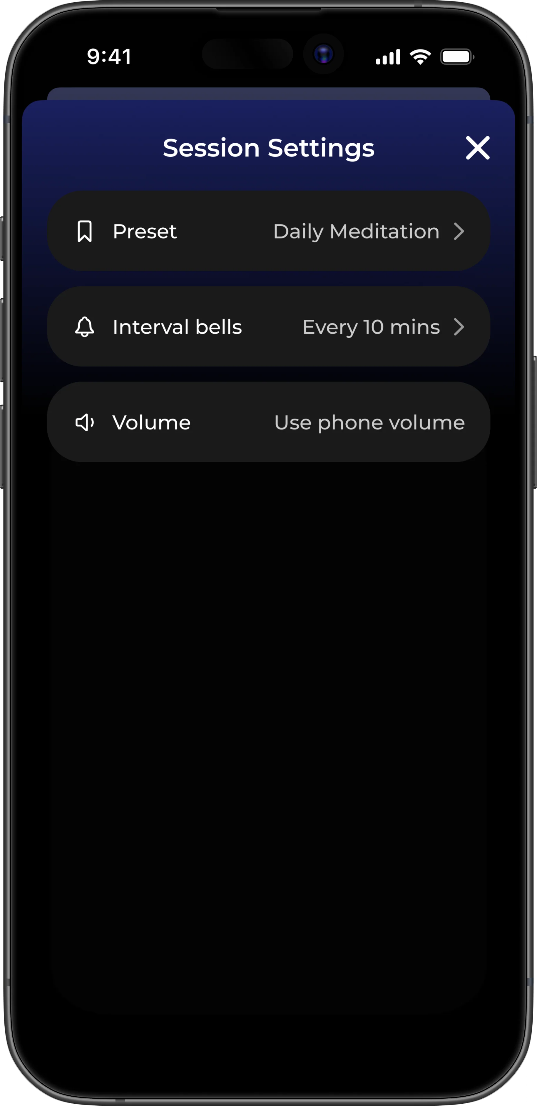 Meditation timer with interval bells — session settings on iPhone